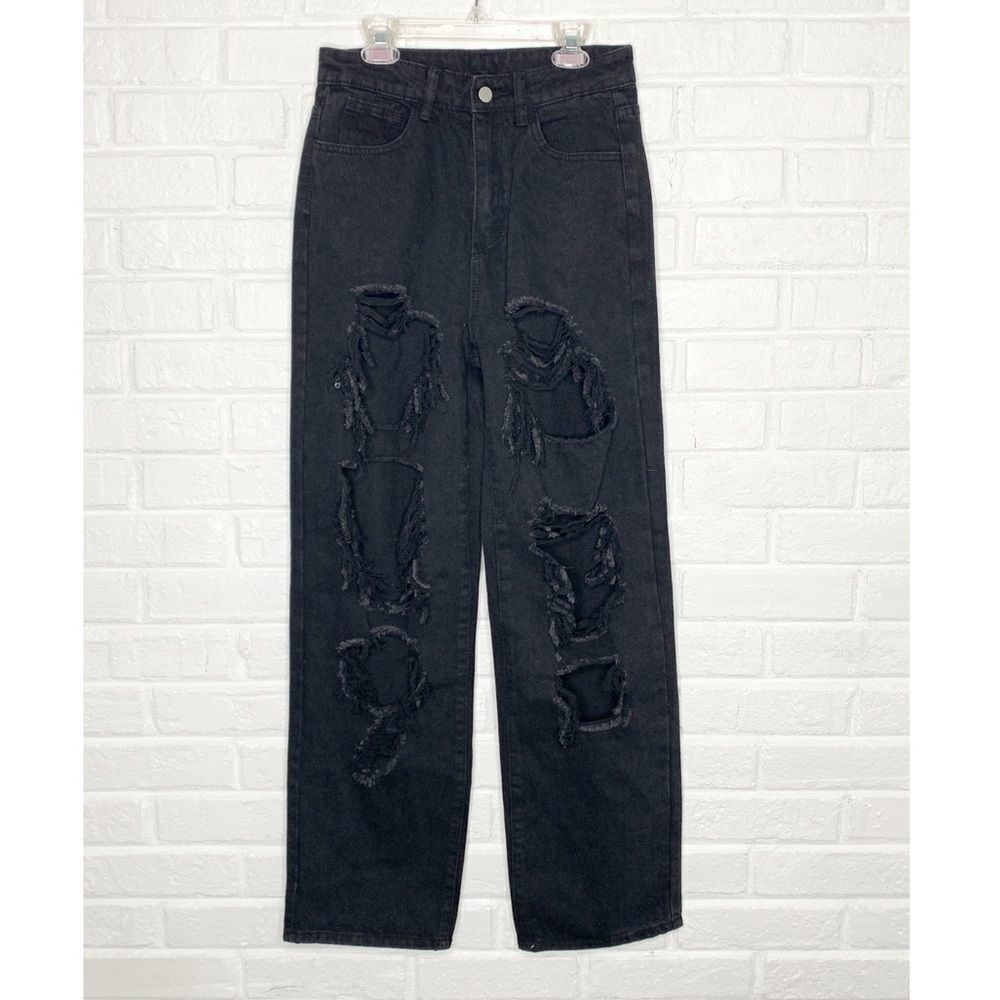 Shein Wide Leg High Waisted Destroyed Jeans Black size Small